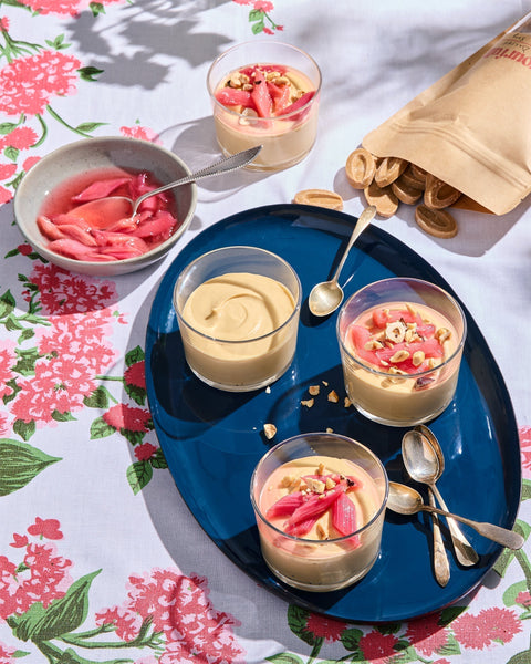 Dulcey Budino with Vanilla-Roasted Rhubarb