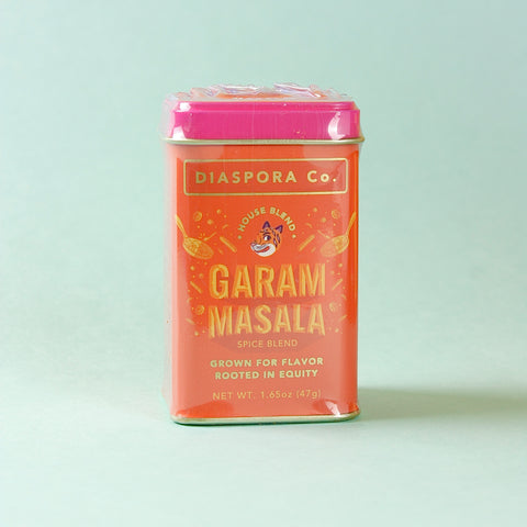 Diaspora Co. Garam Masala spice blend packaging on a light green background