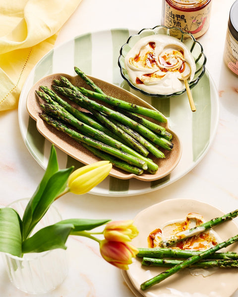 Miso Whipped Tahini with Pan-Roasted Asparagus and Chili Oil