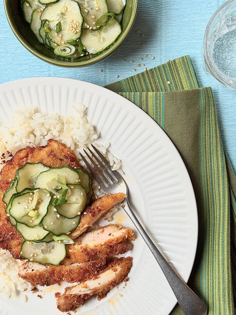 Crispy Gochujang Chicken Katsu with Quick Sesame Cucumber Salad