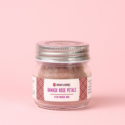 a small jar of Burlap & Barrel Damask Rose Petal Powder