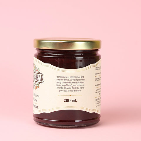 A jar of Kitten & the Bear Sour Cherry and Rhubarb Jam Side Panel